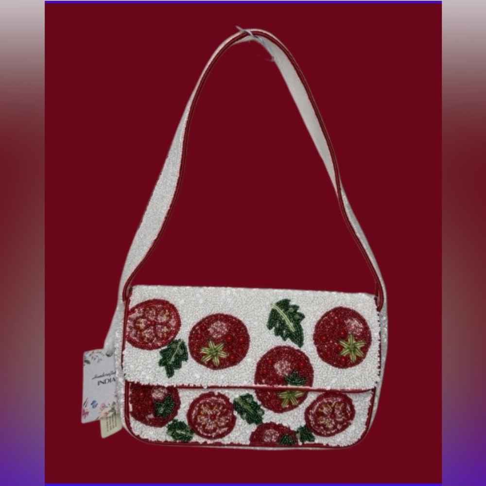 Embellished White and Red Designer Shoulder Bag. NO BEADS MISSING. NWT.